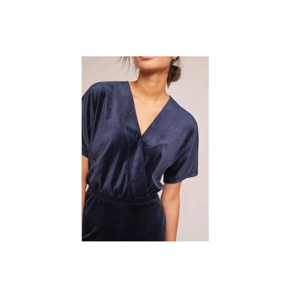Saturday Sunday By Anthro Navy Blue Velour V Neck Ankle Rise Jumpsuit Size Small - Picture 1 of 10